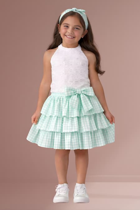 Lil Drama Chequered Pattern Cotton Top & Skirt Set 