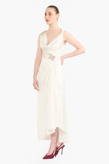 Gauri & Nainika Twisted Cowl Neck Satin Dress 