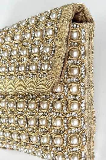 Buy_Kokommo_White Pearls, Zari, Faux Diamonds The Cara Dupion Silk Clutch _Online_at_Aza_Fashions