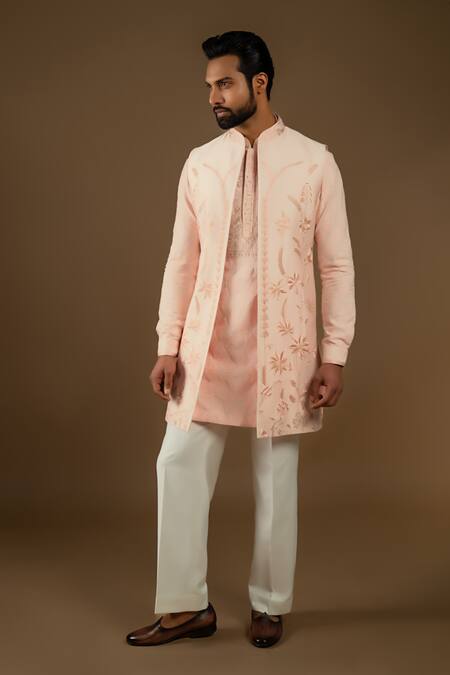 Punit Arora_Pink Silk, Cotton Zardozi Longline Embroidered Bundi Kurta Set _Online_at_Aza_Fashions