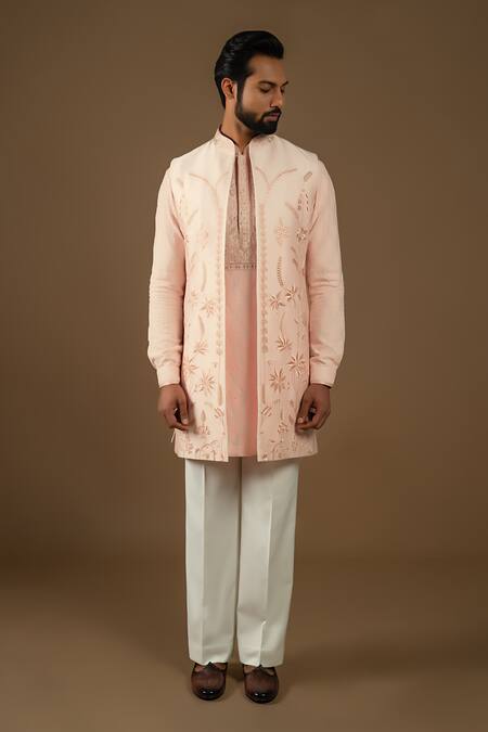 Buy_Punit Arora_Pink Silk, Cotton Zardozi Longline Embroidered Bundi Kurta Set _Online_at_Aza_Fashions