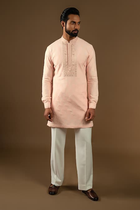 Shop_Punit Arora_Pink Silk, Cotton Zardozi Longline Embroidered Bundi Kurta Set _Online_at_Aza_Fashions