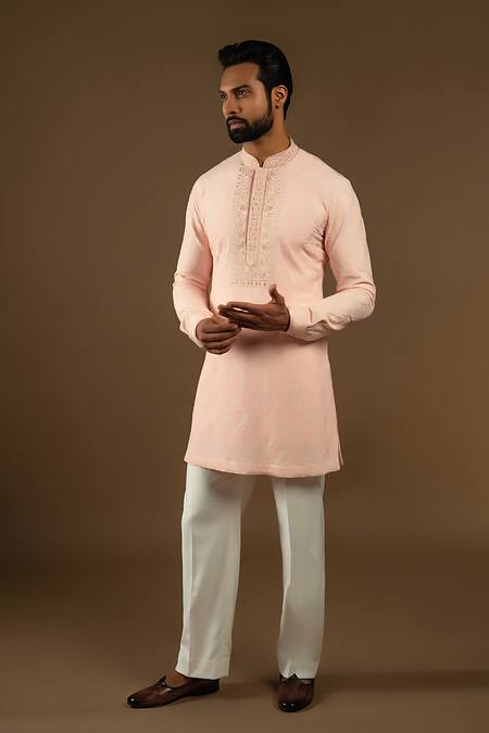 Punit Arora_Pink Silk, Cotton Zardozi Longline Embroidered Bundi Kurta Set _at_Aza_Fashions