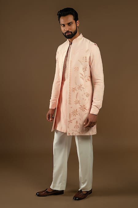 Buy_Punit Arora_Pink Silk, Cotton Zardozi Longline Embroidered Bundi Kurta Set 