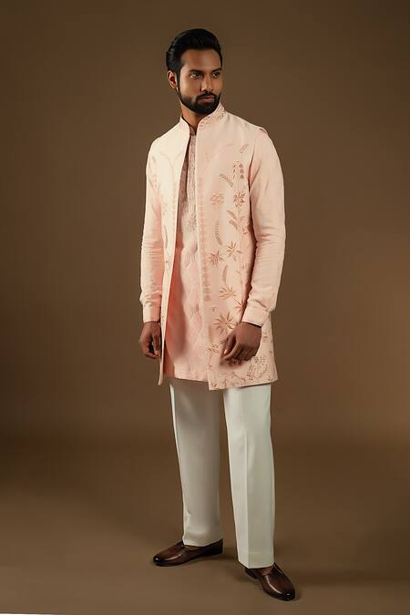 Shop_Punit Arora_Pink Silk, Cotton Zardozi Longline Embroidered Bundi Kurta Set 