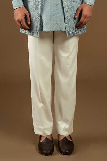 Punit Arora_Blue Silk, Cotton Embroidery Longline Tonal Bundi Kurta Set _Online_at_Aza_Fashions