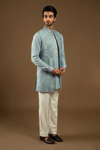 Buy_Punit Arora_Blue Silk, Cotton Embroidery Longline Tonal Bundi Kurta Set _Online_at_Aza_Fashions