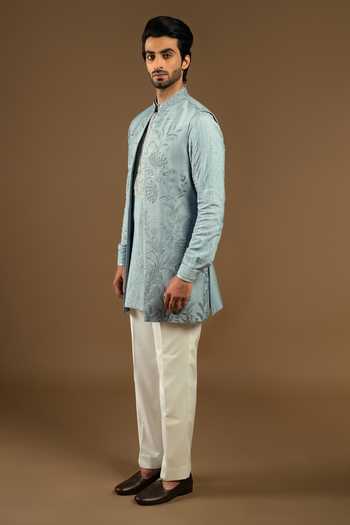 Shop_Punit Arora_Blue Silk, Cotton Embroidery Longline Tonal Bundi Kurta Set _Online_at_Aza_Fashions