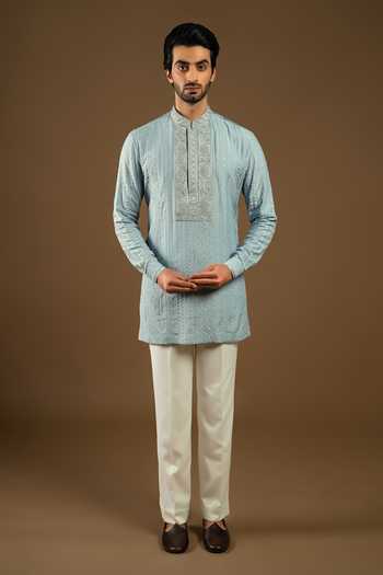 Punit Arora_Blue Silk, Cotton Embroidery Longline Tonal Bundi Kurta Set _at_Aza_Fashions