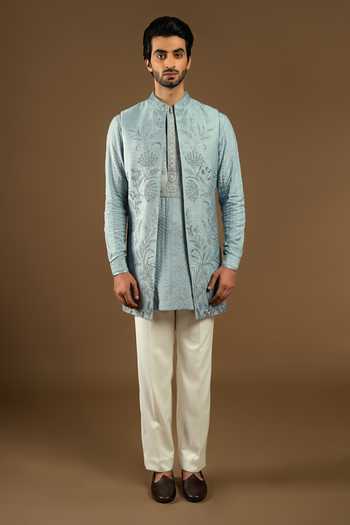 Shop_Punit Arora_Blue Silk, Cotton Embroidery Longline Tonal Bundi Kurta Set 