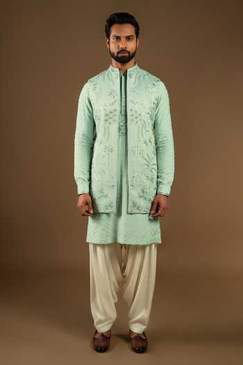 Punit Arora_Green Silk, Cotton Tonal Embroidered Bundi Kurta Set _at_Aza_Fashions