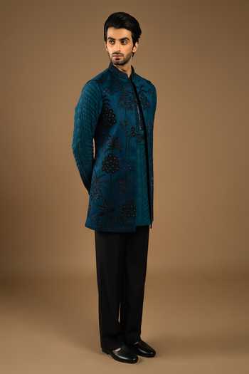 Punit Arora_Blue Silk, Cotton Embroidery Bundi Kurta Set _Online_at_Aza_Fashions