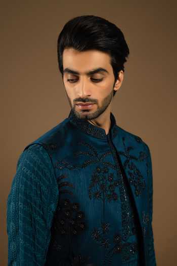Buy_Punit Arora_Blue Silk, Cotton Embroidery Bundi Kurta Set 