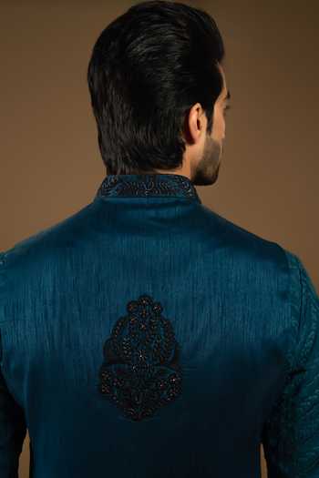 Shop_Punit Arora_Blue Silk, Cotton Embroidery Bundi Kurta Set 