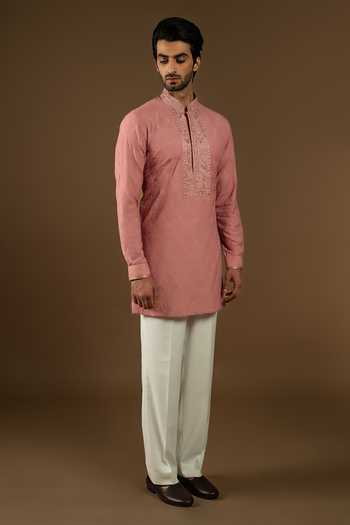Buy_Punit Arora_Pink Silk, Cotton Embroidery Bundi Kurta Set _Online_at_Aza_Fashions