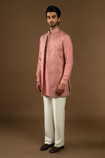 Punit Arora_Pink Silk, Cotton Embroidery Bundi Kurta Set _at_Aza_Fashions