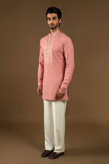 Buy_Punit Arora_Pink Silk, Cotton Embroidery Bundi Kurta Set 