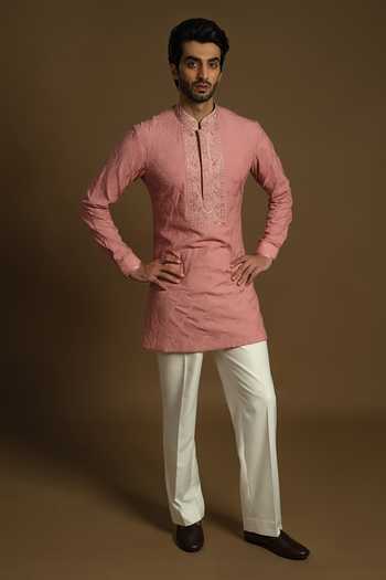 Shop_Punit Arora_Pink Silk, Cotton Embroidery Bundi Kurta Set 