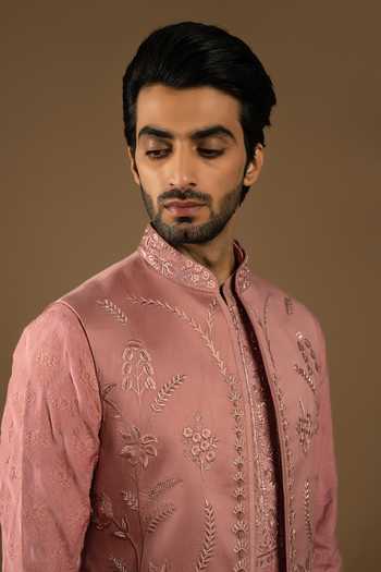 Shop_Punit Arora_Pink Silk, Cotton Embroidery Bundi Kurta Set 