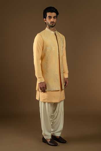 Punit Arora_Yellow Silk, Cotton Placement Embroidered Bundi Kurta Set _Online_at_Aza_Fashions