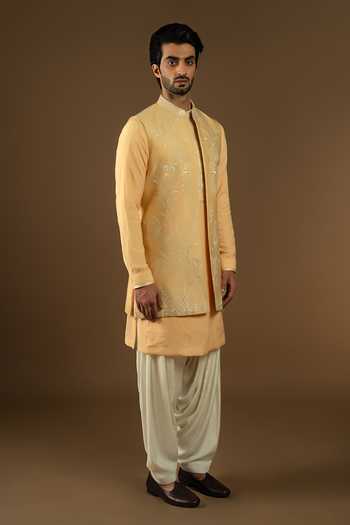 Buy_Punit Arora_Yellow Silk, Cotton Placement Embroidered Bundi Kurta Set _Online_at_Aza_Fashions