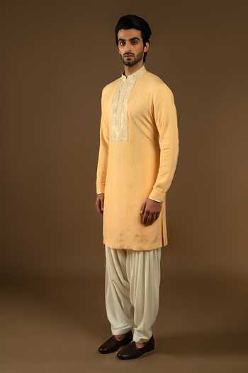 Shop_Punit Arora_Yellow Silk, Cotton Placement Embroidered Bundi Kurta Set _Online_at_Aza_Fashions