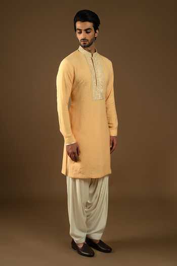 Punit Arora_Yellow Silk, Cotton Placement Embroidered Bundi Kurta Set _at_Aza_Fashions