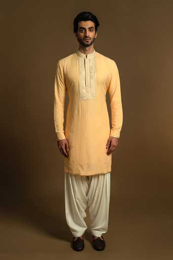 Buy_Punit Arora_Yellow Silk, Cotton Placement Embroidered Bundi Kurta Set 