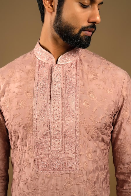 Buy_Punit Arora_Peach Silk, Cotton Embroidered Bundi Kurta Set _Online_at_Aza_Fashions