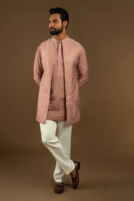 Punit Arora_Peach Silk, Cotton Embroidered Bundi Kurta Set _at_Aza_Fashions