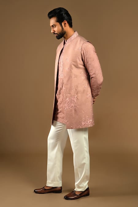Buy_Punit Arora_Peach Silk, Cotton Embroidered Bundi Kurta Set 
