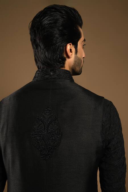 Punit Arora_Black Silk, Cotton Embroidery Bundi Kurta Set _Online_at_Aza_Fashions