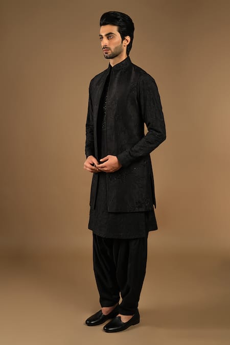 Buy_Punit Arora_Black Silk, Cotton Embroidery Bundi Kurta Set _Online_at_Aza_Fashions