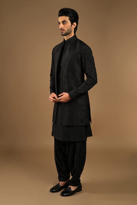 Shop_Punit Arora_Black Silk, Cotton Embroidery Bundi Kurta Set _Online_at_Aza_Fashions
