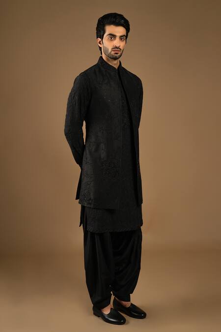 Punit Arora_Black Silk, Cotton Embroidery Bundi Kurta Set _at_Aza_Fashions