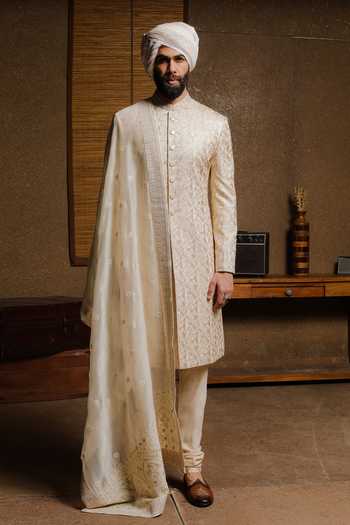 Buy_Punit Arora_Beige Silk Embroidery Elite Shade Of Sherwani Set _Online_at_Aza_Fashions