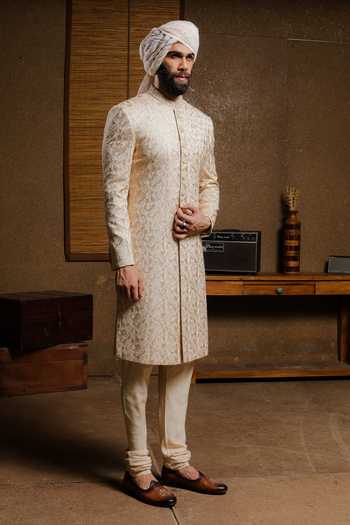 Punit Arora_Beige Silk Embroidery Elite Shade Of Sherwani Set _at_Aza_Fashions