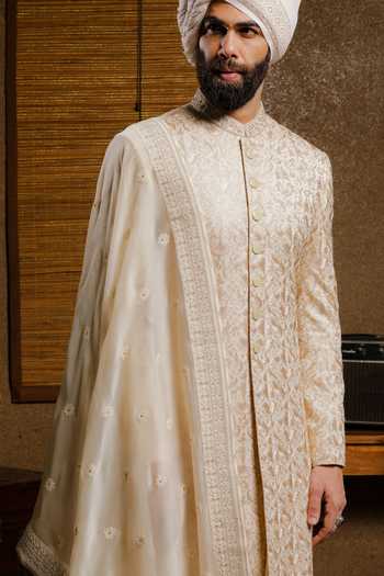 Shop_Punit Arora_Beige Silk Embroidery Elite Shade Of Sherwani Set 
