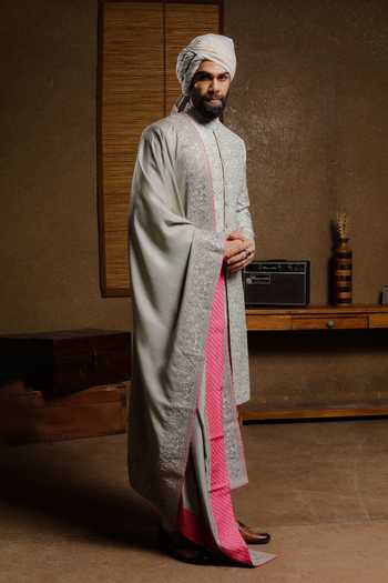 Buy_Punit Arora_Grey Silk Embroidery Grandiose Sherwani Set _Online_at_Aza_Fashions