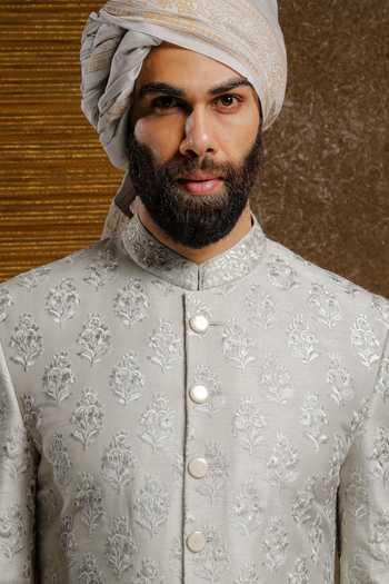 Shop_Punit Arora_Grey Silk Embroidery Grandiose Sherwani Set _Online_at_Aza_Fashions