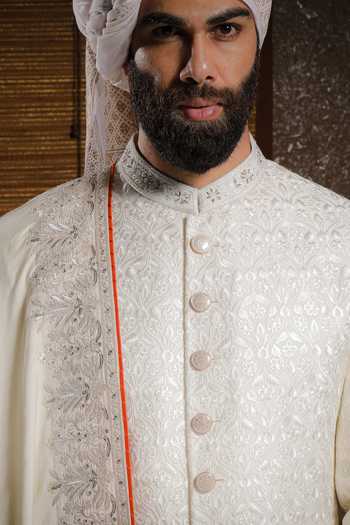 Buy_Punit Arora_Ivory Silk Embroidery Cream Elegance Sherwani Set 