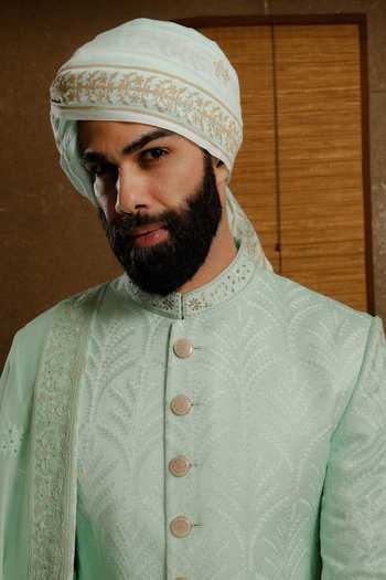 Buy_Punit Arora_Mint Silk Embroidery Serene Aqua Sherwani Set 