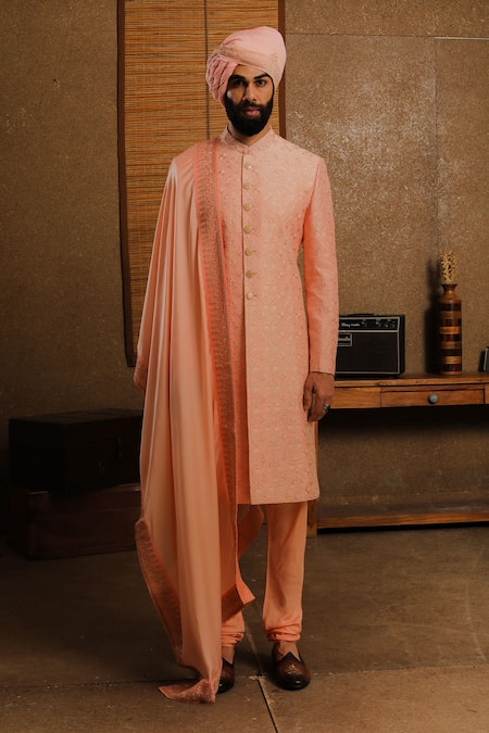 Punit Arora Peach Nocturne Embroidered Sherwani Set 