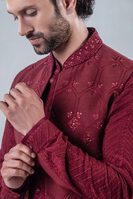 Punit Arora_Maroon Silk, Modal Embroidery Long Jacket And Kurta Set _at_Aza_Fashions
