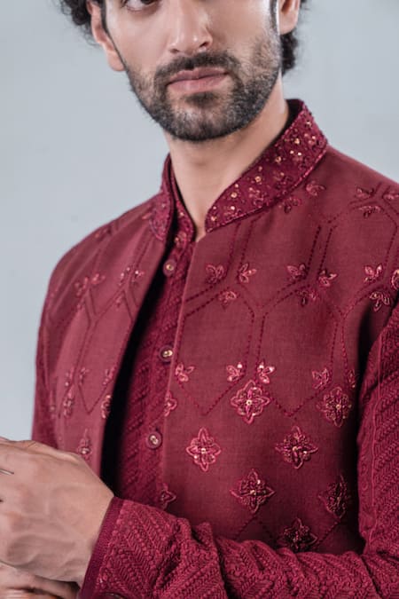 Buy_Punit Arora_Maroon Silk, Modal Embroidery Long Jacket And Kurta Set 