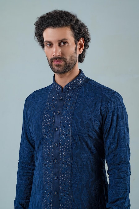 Punit Arora_Navy Modal Thread , Tonal Kurta Set _Online_at_Aza_Fashions