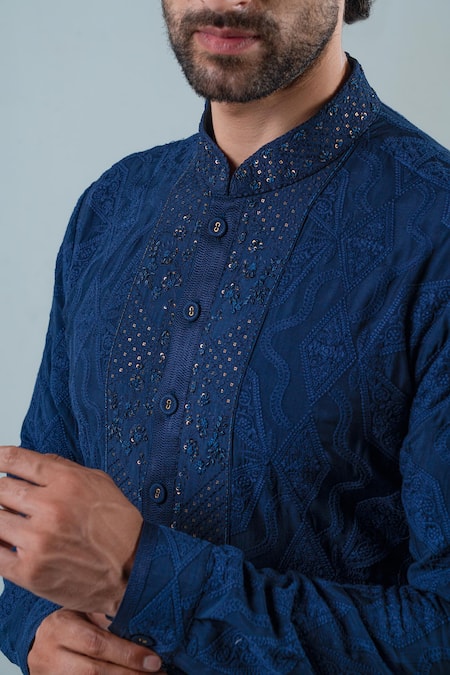 Buy_Punit Arora_Navy Modal Thread , Tonal Kurta Set _Online_at_Aza_Fashions