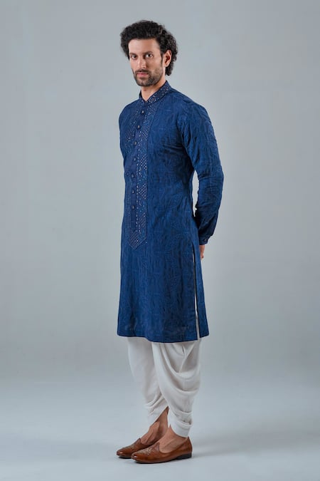 Shop_Punit Arora_Navy Modal Thread , Tonal Kurta Set _Online_at_Aza_Fashions