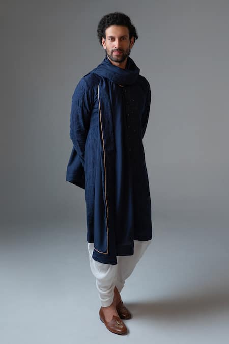 Shop_Punit Arora_Navy Modal Thread , Tonal Kurta Set 