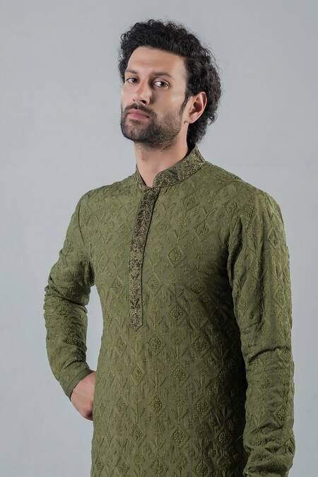 Buy_Punit Arora_Olive Green Silk, Modal Embroidery Grandiose Thread Work Bundi And Kurta Set _Online_at_Aza_Fashions